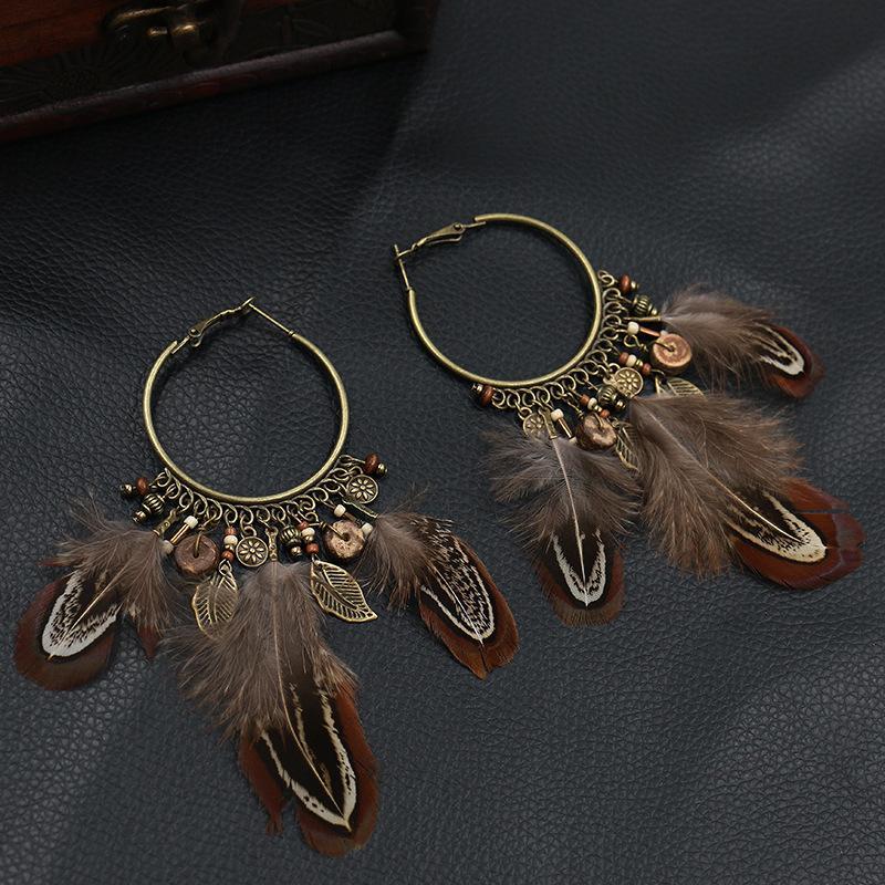 Retro Ethnic Round Gradient colour Feather Pendant Earrings