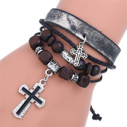 Handmade Christian Cross Leather Wristband Bracelet