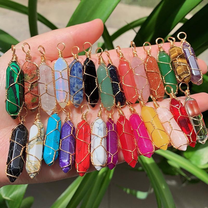 Natural Stone Crystal Necklace Wire Wrap Multicolor