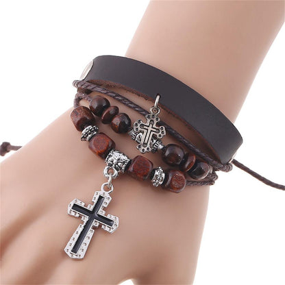 Handmade Christian Cross Leather Wristband Bracelet