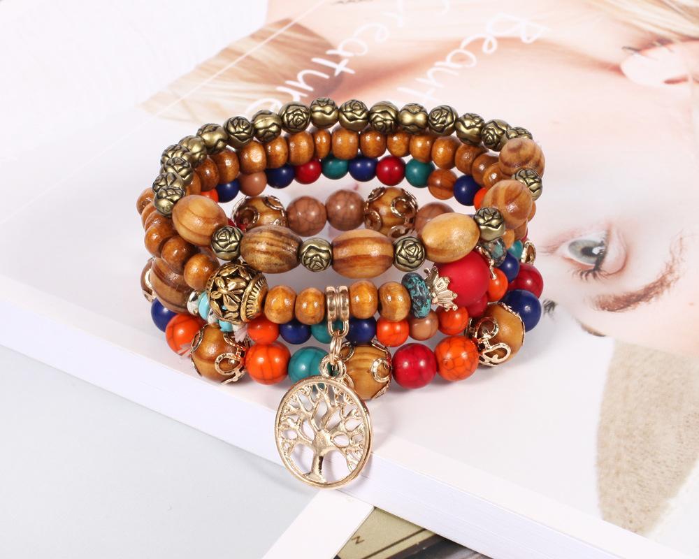 Handmade Bohemia Wood Beads Chain Bracelet Set