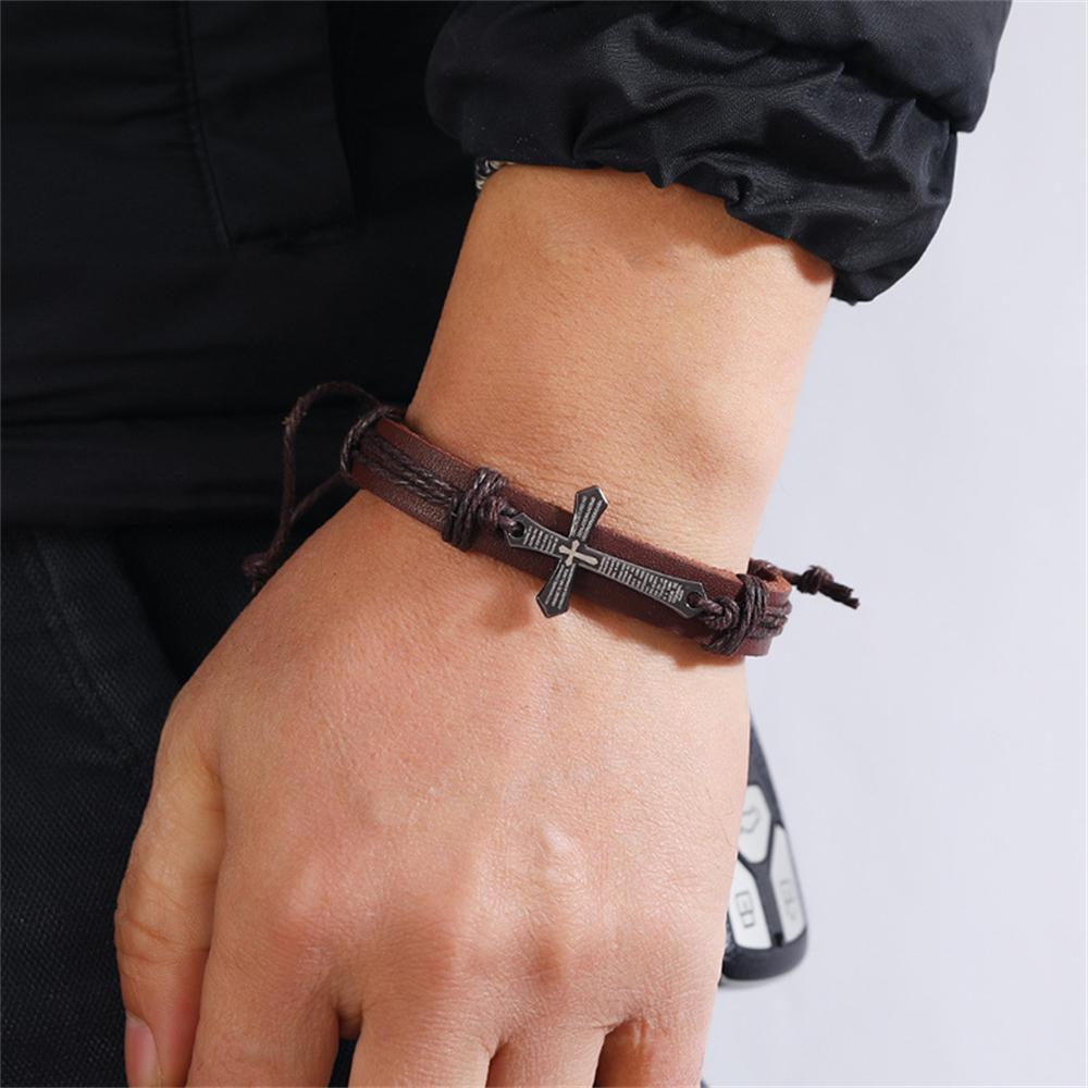 Handmade Christian Cross Leather Wristband Bracelet