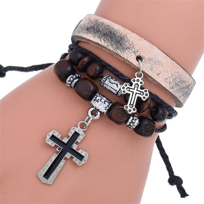 Handmade Christian Cross Leather Wristband Bracelet