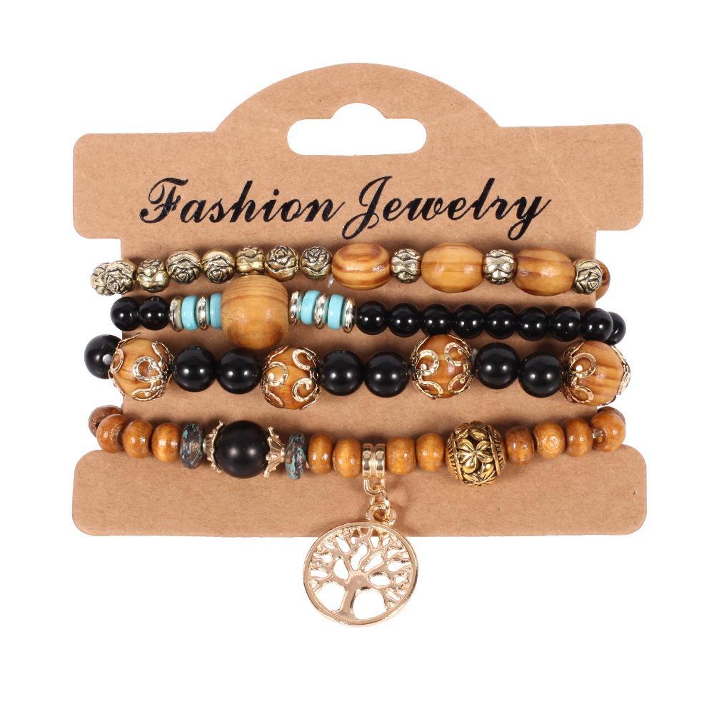 Handmade Bohemia Wood Beads Chain Bracelet Set