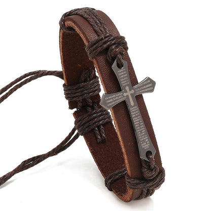 Handmade Christian Cross Leather Wristband Bracelet