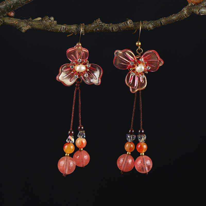 Glass Petal Pearl Hand Woven Pendant Earrings