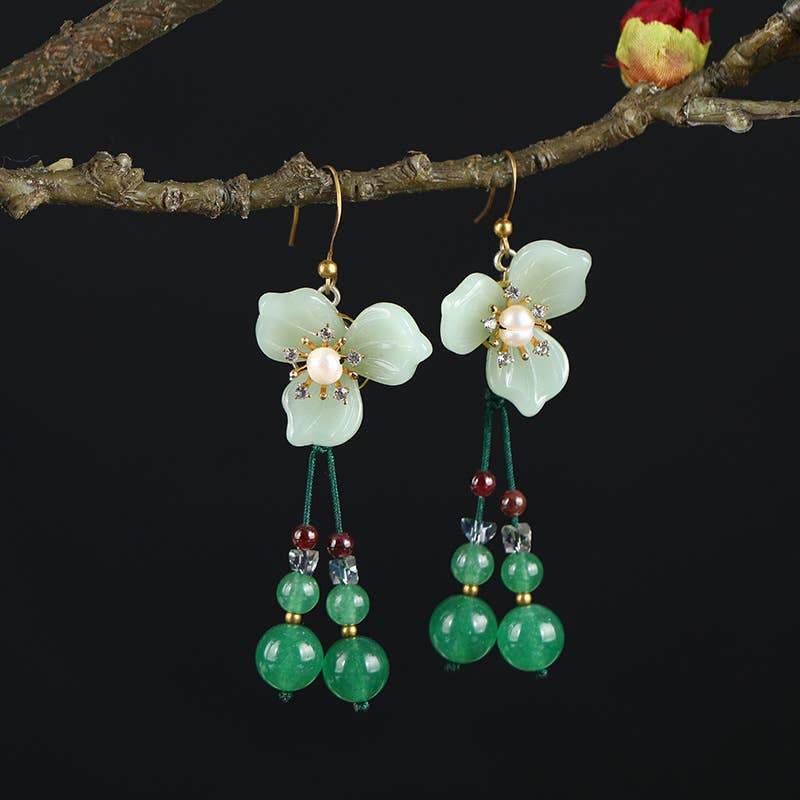 Glass Petal Pearl Hand Woven Pendant Earrings