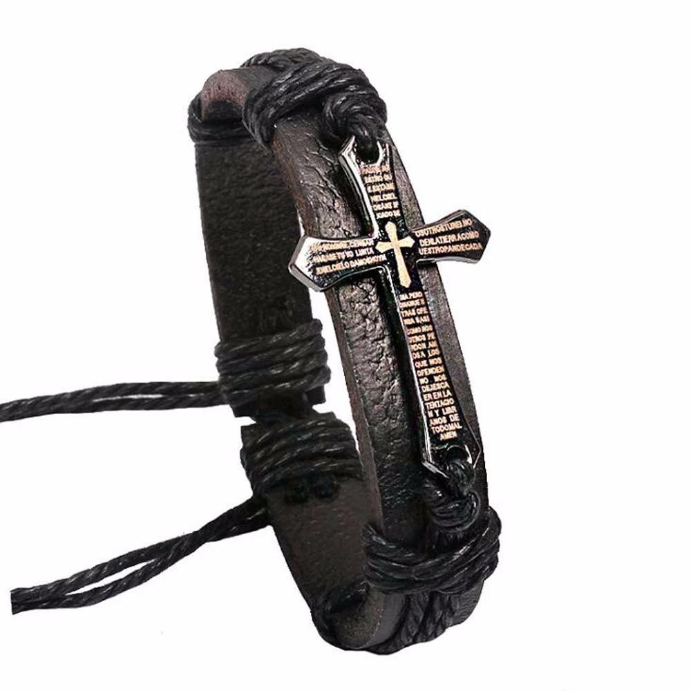 Handmade Christian Cross Leather Wristband Bracelet