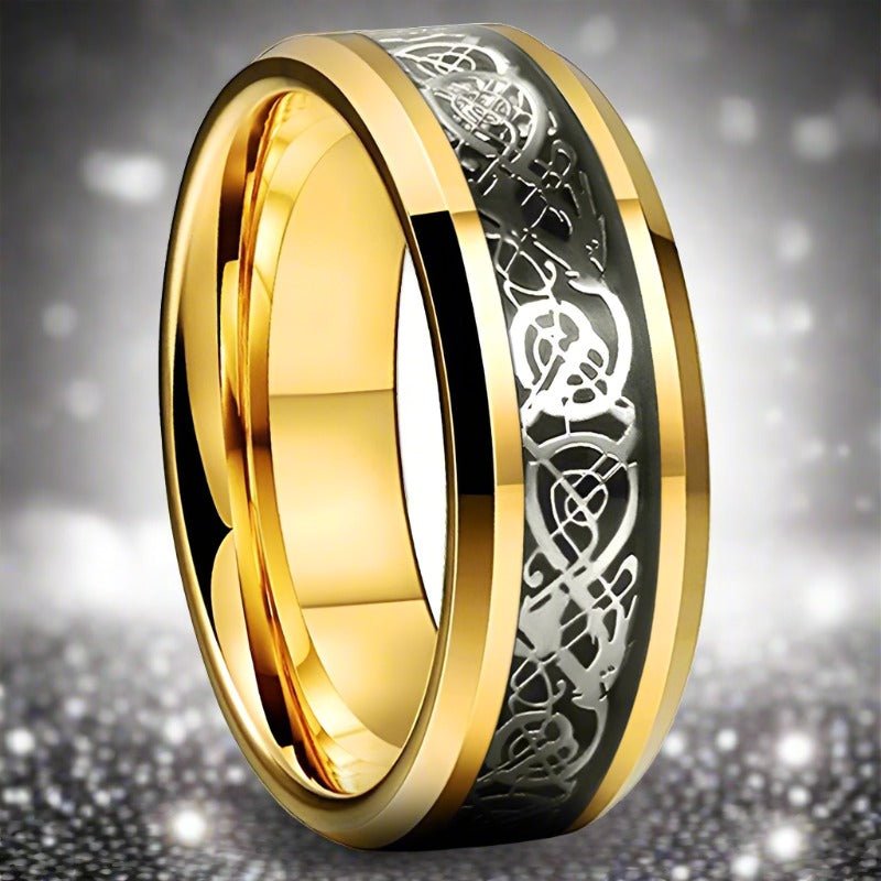 Gold and silver dragon pattern stainless steel ring