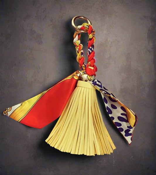 Leather Silk Scarf Tassel Bag Pendant Keychain