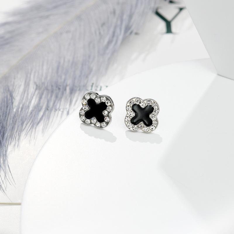 Silver Pin and Diamond Clover Stud Earrings