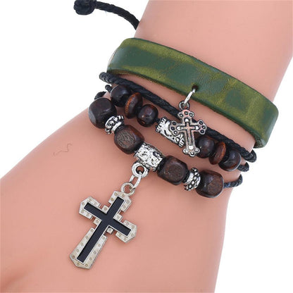 Handmade Christian Cross Leather Wristband Bracelet