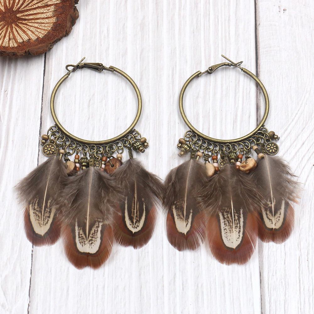 Retro Ethnic Round Gradient Feather Pendant Earrings