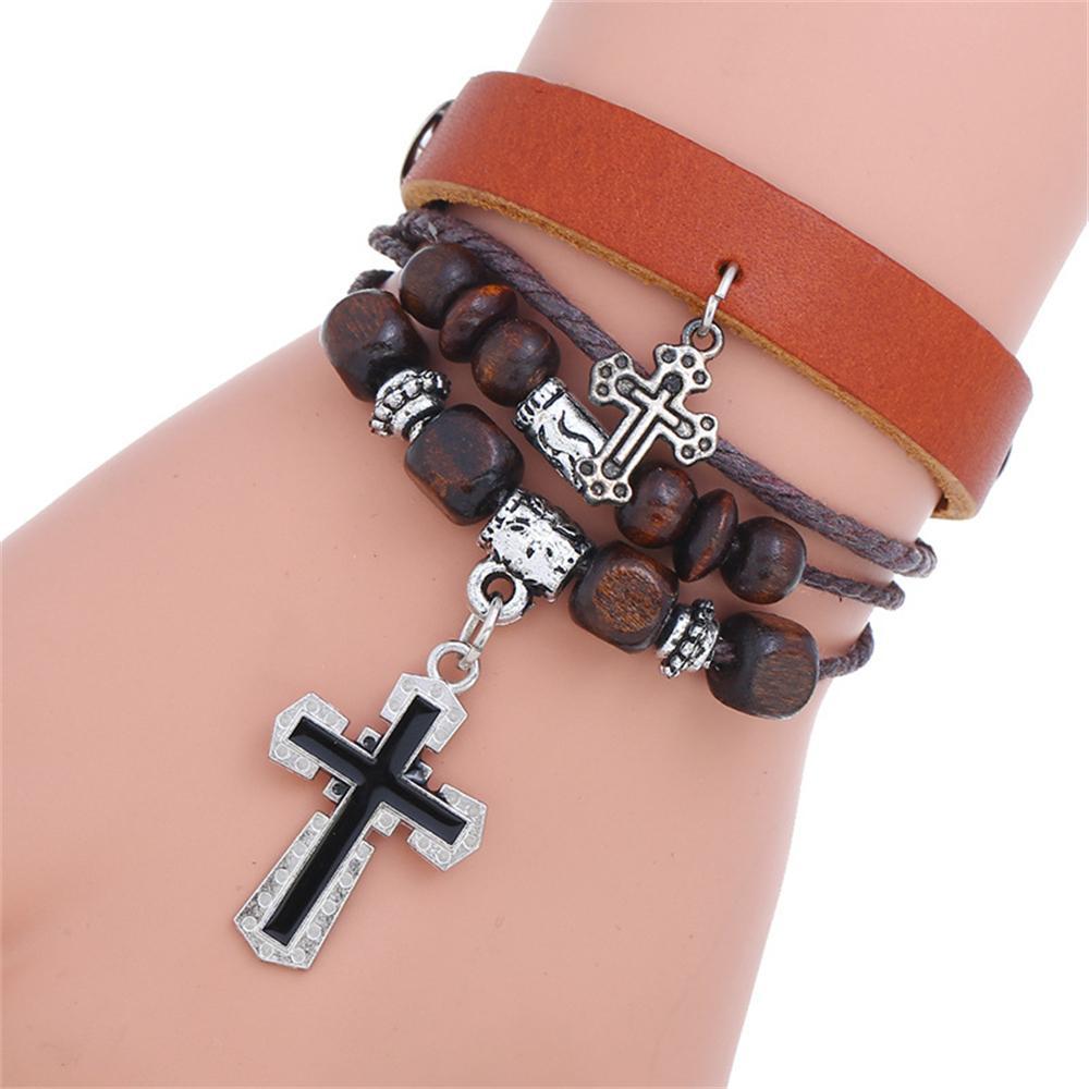 Handmade Christian Cross Leather Wristband Bracelet