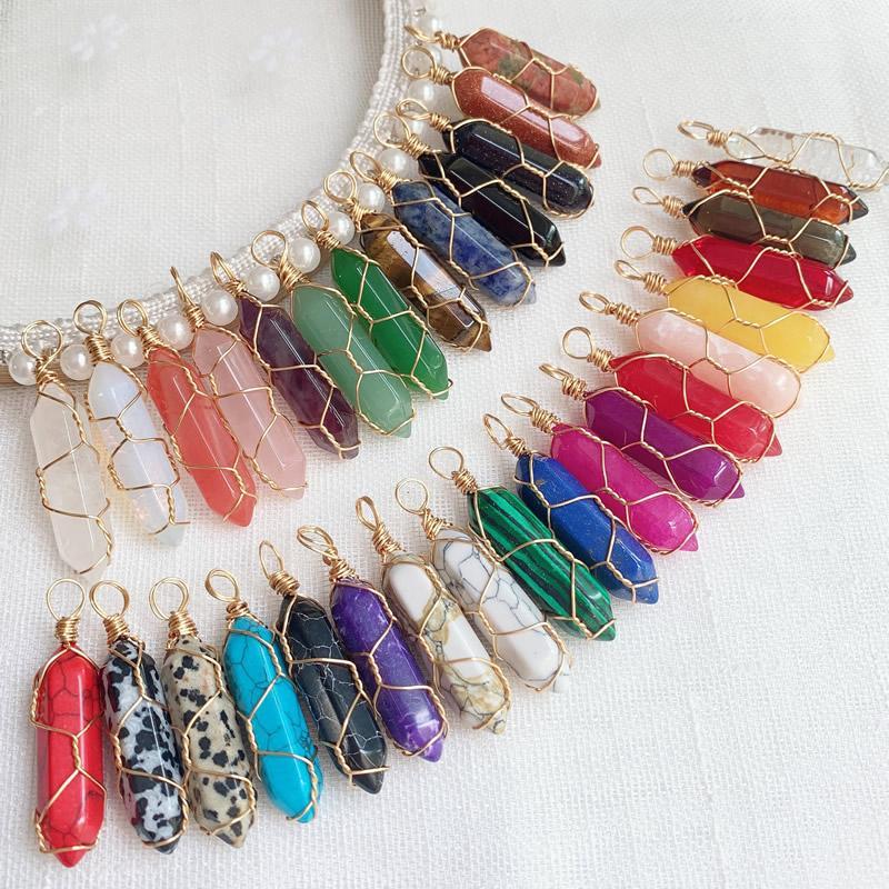 Natural Stone Crystal Necklace Wire Wrap Multicolor